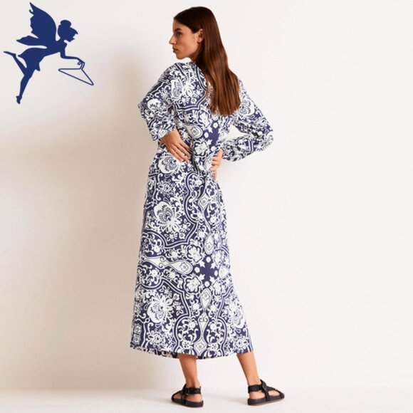 BODEN Silk Blend Ornate Garden Long Sleeve Column Dress in Navy - Picture 3 of 12